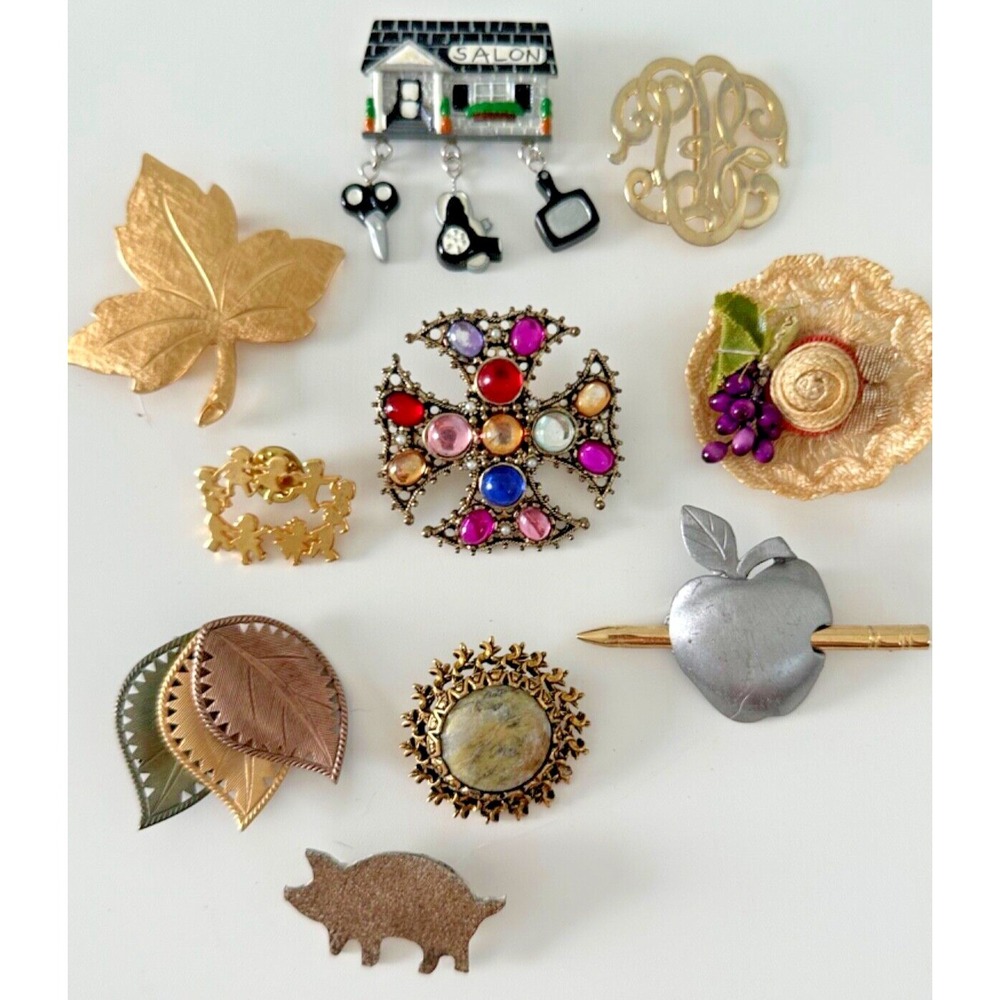 Brooch Lot Pig Apple Leaf Straw hat Salon Gold Tone Mixed Stunning Set of 10